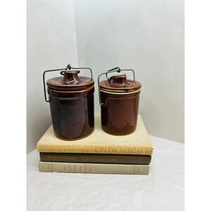 Vintage Brown Glazed Stoneware Canning Crocks Set of 2 with Wire Bail Lids